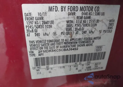 2012 Ford Edge Limited z USA, uszkodzony, nr VIN 2FMDK3KC5CBA39492